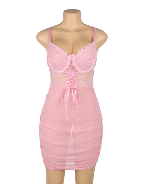 Lace Mesh Sexy Push Up Suspenders Nightdress R81314-1 Pink L