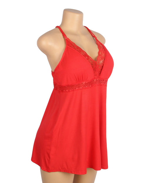 Lace Deep V Neck Suspender Nightdress R81732-2P Red XL