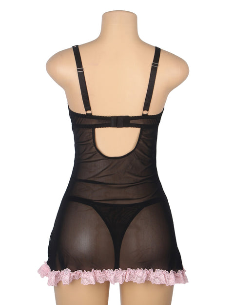 Sexy Lace Ruffled Suspender Nightdress/Chemise & Matching G-String Set R82096-1P Black/Pink XL