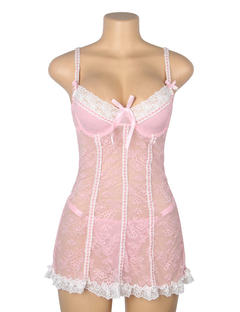Sexy Lace Ruffled Suspender Nightdress/Chemise & Matching G-String Set R82096-3P Pink L