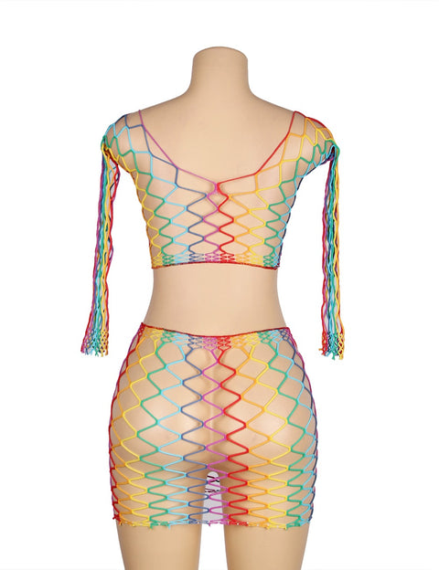 Long Sleeve Two Piece Fishnet Bodystocking H3522 Rainbow L/2XL