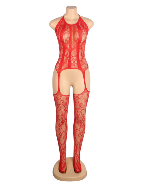 Jacquard Halter Neck Bodystocking H3633-2 Red XS/M