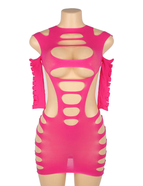 Long Sleeves Hollow Out Bodystocking/Dress H3569-2 Rose XS-M
