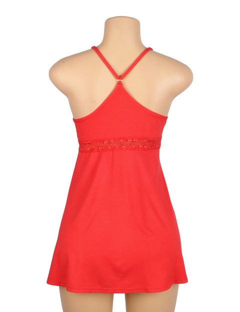 Lace Deep V Neck Suspender Nightdress R81732-2P Red XL