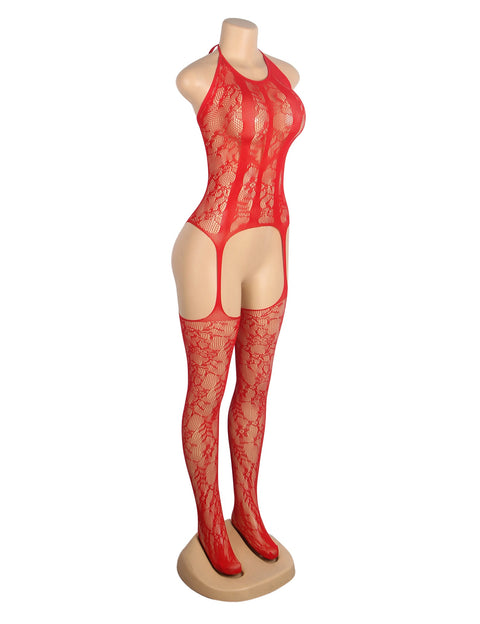 Jacquard Halter Neck Bodystocking H3633-2 Red XS/M