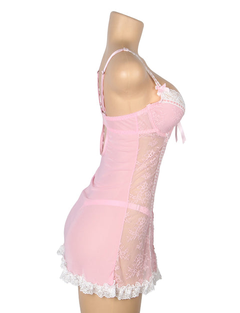 Sexy Lace Ruffled Suspender Nightdress/Chemise & Matching G-String Set R82096-3P Pink L