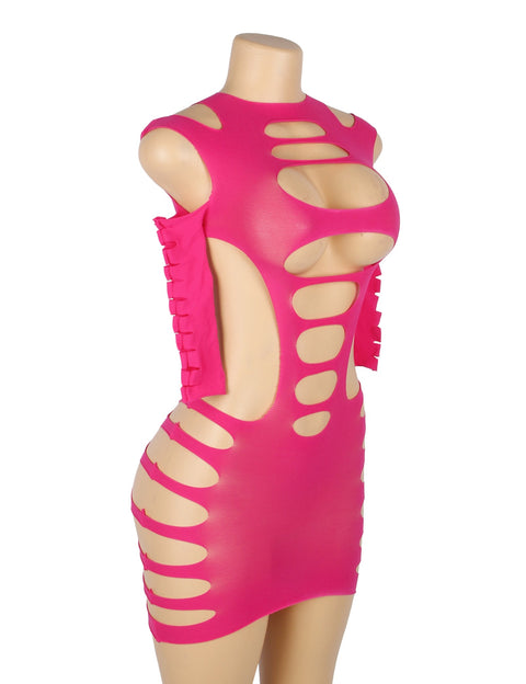Long Sleeves Hollow Out Bodystocking/Dress H3569-2 Rose XS-M