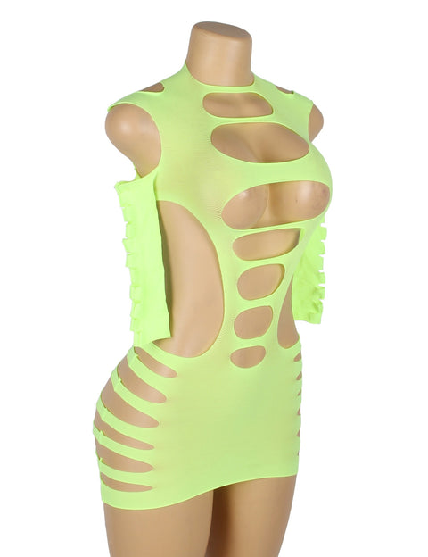 Long Sleeves Hollow Out Bodystocking/Dress H3569-3 Lime XS/M