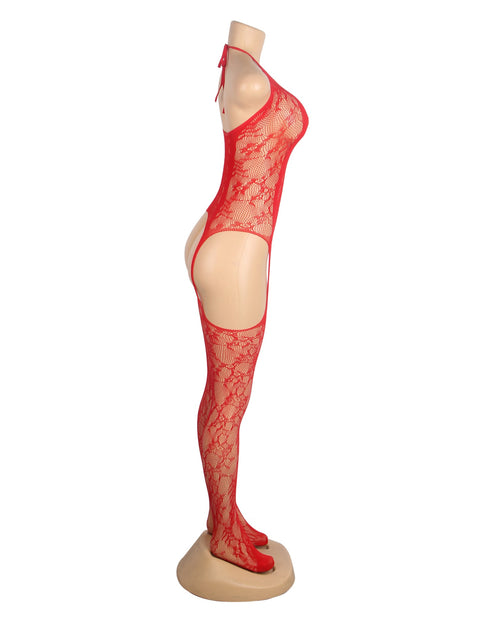 Jacquard Halter Neck Bodystocking H3633-2 Red XS/M