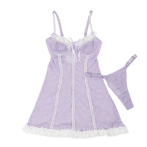 Sexy Lace Ruffled Suspender Nightdress/Chemise & Matching G-String Set R82096-4P Purple L