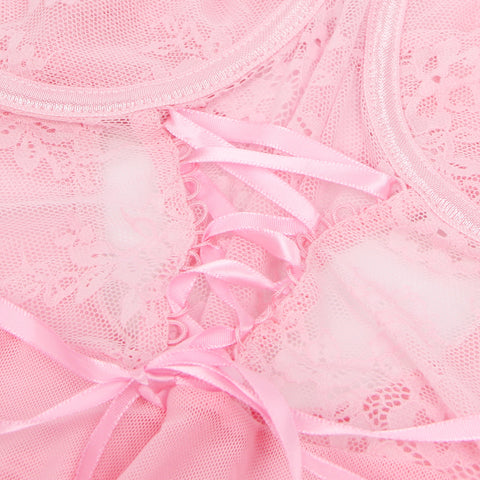 Lace Mesh Sexy Push Up Suspenders Nightdress R81314-1 Pink L
