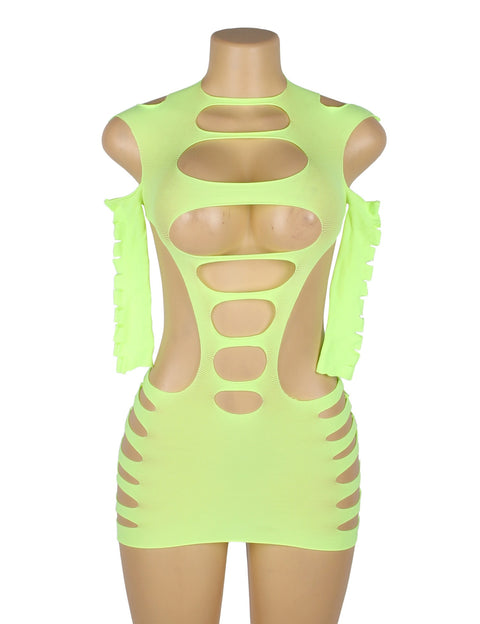 Long Sleeves Hollow Out Bodystocking/Dress H3569-3 Lime XS/M