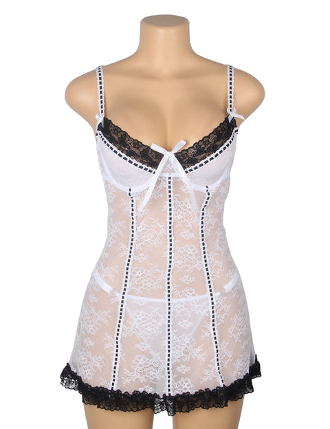 Sexy Lace Ruffled Suspender Nightdress/Chemise & Matching G-String Set R82096-2 White M