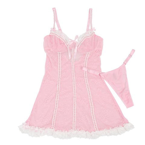 Sexy Lace Ruffled Suspender Nightdress/Chemise & Matching G-String Set R82096-3P Pink L