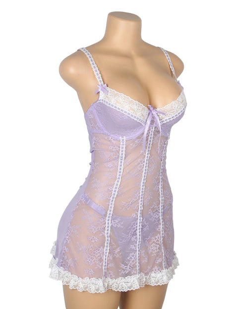 Sexy Lace Ruffled Suspender Nightdress/Chemise & Matching G-String Set R82096-4 Purple M