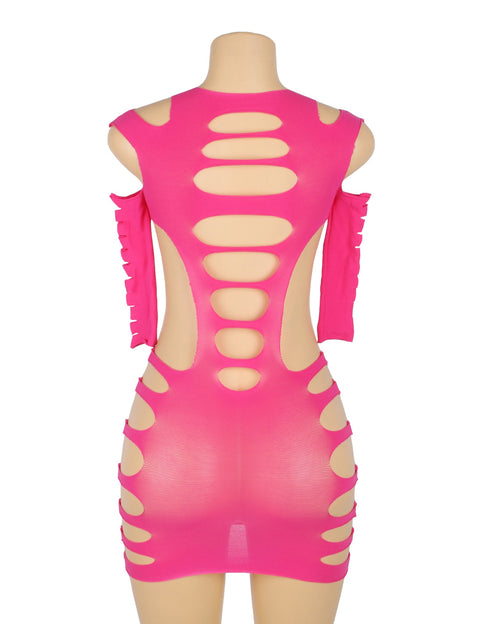 Long Sleeves Hollow Out Bodystocking/Dress H3569-2 Rose XS-M