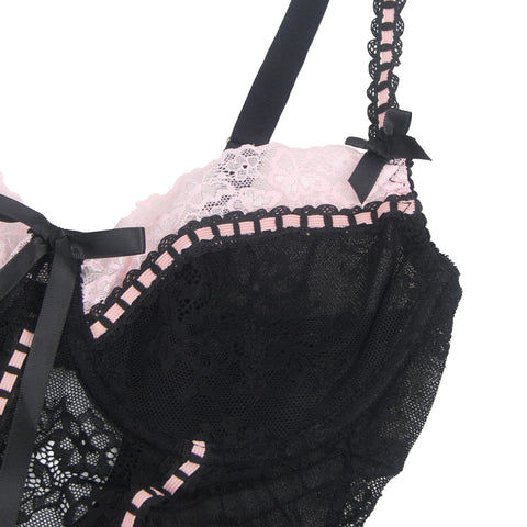 Sexy Lace Ruffled Suspender Nightdress/Chemise & Matching G-String Set R82096-1P Black/Pink 2XL