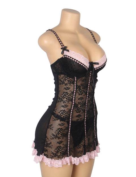 Sexy Lace Ruffled Suspender Nightdress/Chemise & Matching G-String Set R82096-1 Black/Pink M