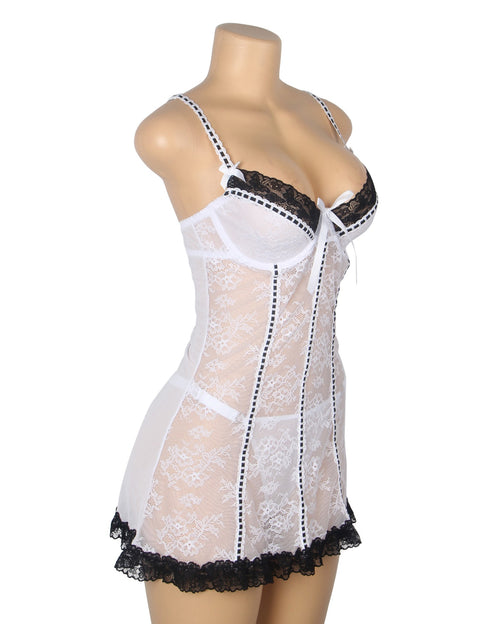 Sexy Lace Ruffled Suspender Nightdress/Chemise & Matching G-String Set R82096-2 White M