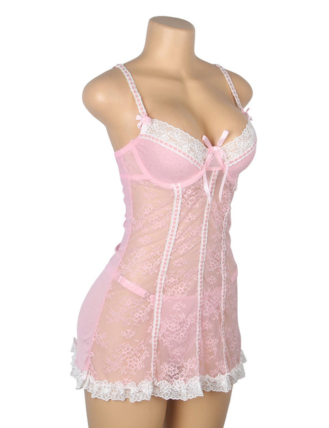 Sexy Lace Ruffled Suspender Nightdress/Chemise & Matching G-String Set R82096-3 Pink M