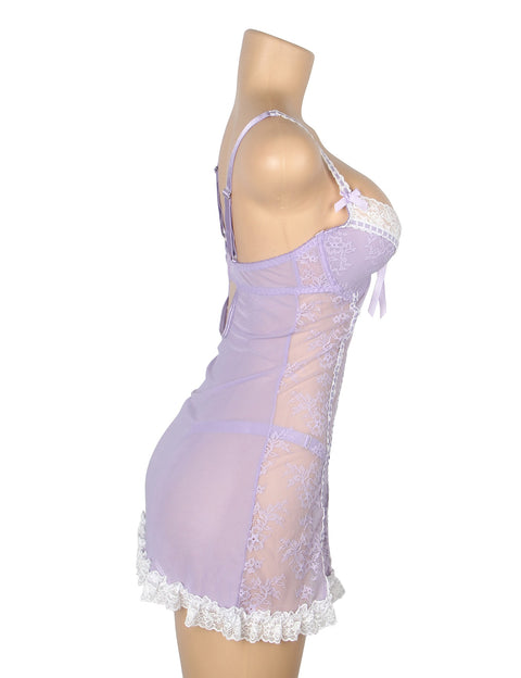 Sexy Lace Ruffled Suspender Nightdress/Chemise & Matching G-String Set R82096-4 Purple M