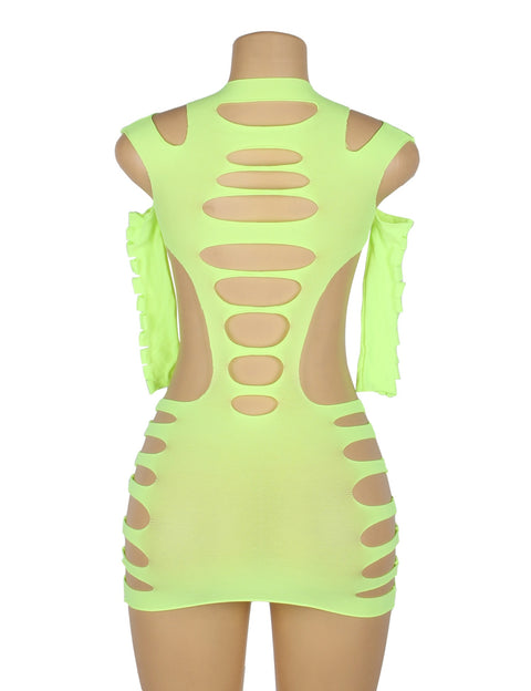 Long Sleeves Hollow Out Bodystocking/Dress H3569-3 Lime XS/M