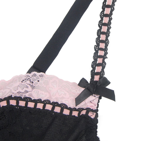 Sexy Lace Ruffled Suspender Nightdress/Chemise & Matching G-String Set R82096-1P Black/Pink 2XL