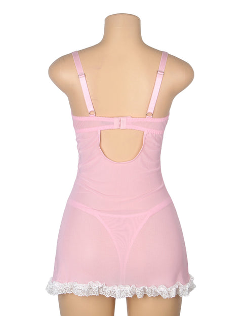 Sexy Lace Ruffled Suspender Nightdress/Chemise & Matching G-String Set R82096-3 Pink M