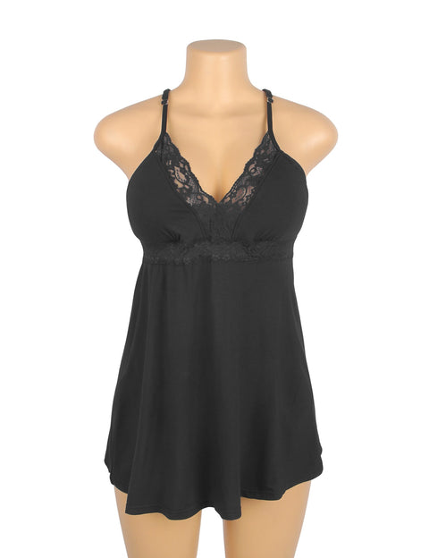 Lace Deep V Neck Suspender Nightdress R81732-1 Black S