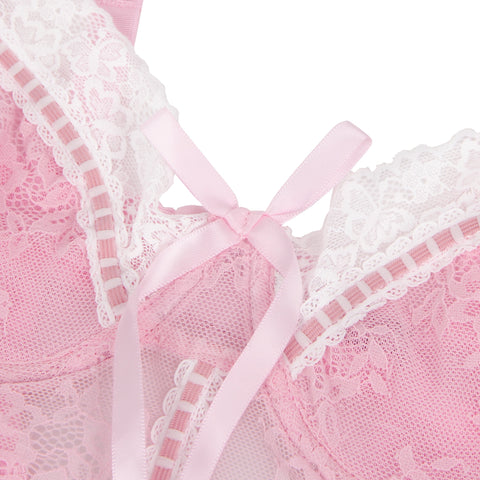 Sexy Lace Ruffled Suspender Nightdress/Chemise & Matching G-String Set R82096-3P Pink 2XL