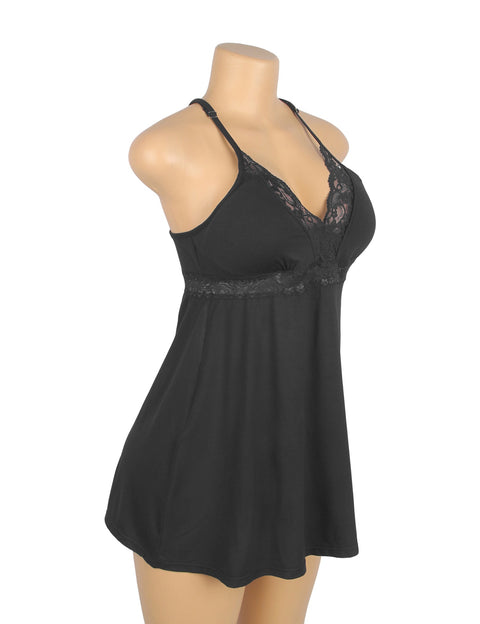 Lace Deep V Neck Suspender Nightdress R81732-1 Black S
