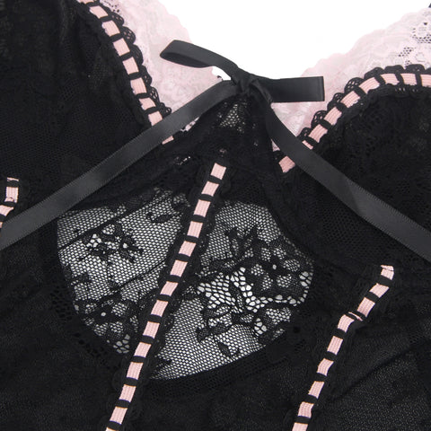 Sexy Lace Ruffled Suspender Nightdress/Chemise & Matching G-String Set R82096-1 Black/Pink S