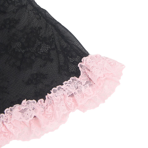 Sexy Lace Ruffled Suspender Nightdress/Chemise & Matching G-String Set R82096-1 Black/Pink S
