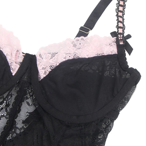 Sexy Lace Ruffled Suspender Nightdress/Chemise & Matching G-String Set R82096-1P Black/Pink L