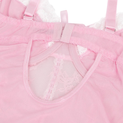 Sexy Lace Ruffled Suspender Nightdress/Chemise & Matching G-String Set R82096-3P Pink L