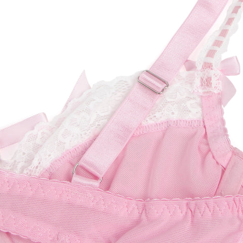 Sexy Lace Ruffled Suspender Nightdress/Chemise & Matching G-String Set R82096-3P Pink 2XL