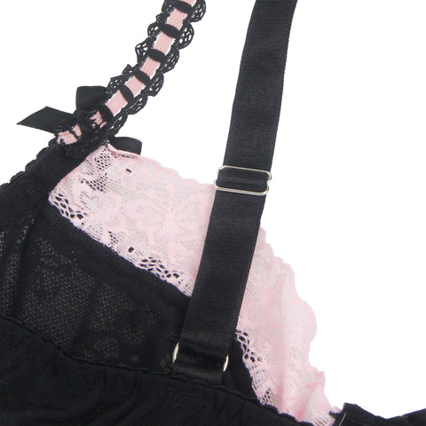 Sexy Lace Ruffled Suspender Nightdress/Chemise & Matching G-String Set R82096-1 Black/Pink S