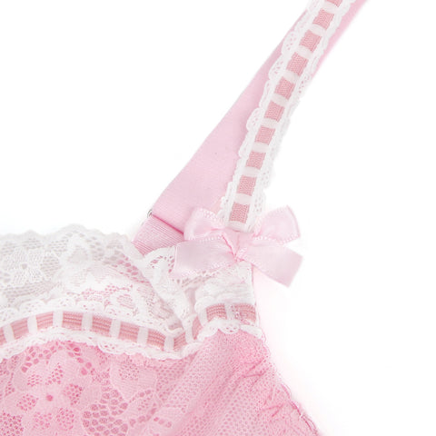 Sexy Lace Ruffled Suspender Nightdress/Chemise & Matching G-String Set R82096-3 Pink M