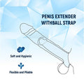 Penis extender with ball strap on a blue geometric background