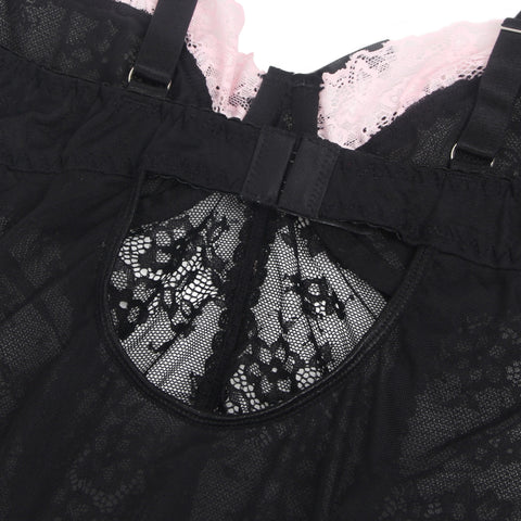 Sexy Lace Ruffled Suspender Nightdress/Chemise & Matching G-String Set R82096-1 Black/Pink S