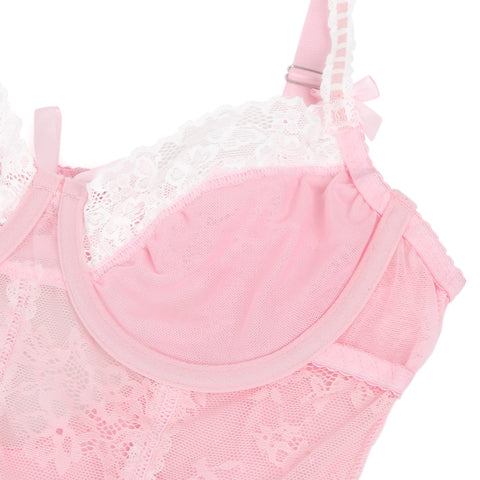 Sexy Lace Ruffled Suspender Nightdress/Chemise & Matching G-String Set R82096-3 Pink M