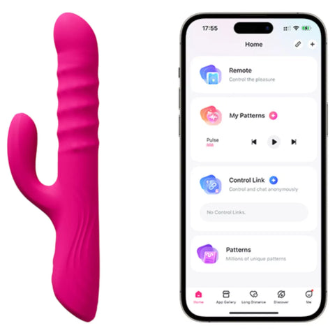 A bright pink cactus-shaped personal massager shown next to a smartphone displaying a companion app interface with options like Remote, My Patterns, Pulse, and Control Link.