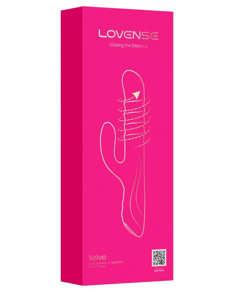 Bright pink retail packaging box for the LOVENSE Velvet clitoral stimulator, featuring a white line drawing of the device and product text on a plain white background.