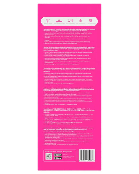 The back of a pink product box with white text, icons, and a barcode, shown centered on a white background.