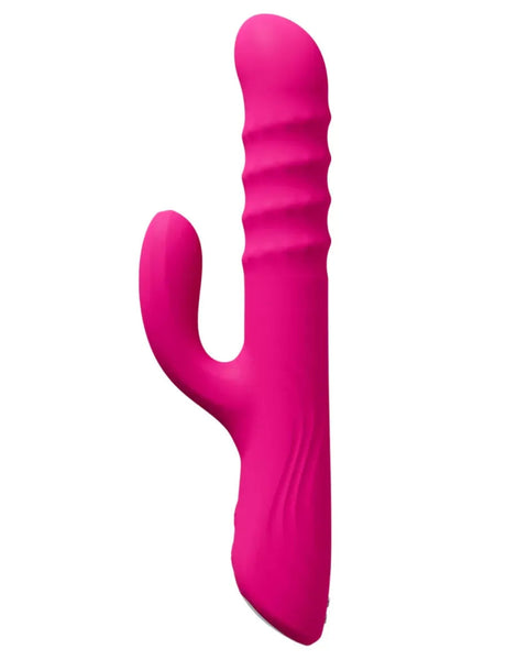 A bright pink silicone personal massager with a ribbed shaft and a curved suction-cup style attachment, shown against a plain white background.