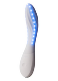 A white curved personal massager with a wavy surface and a row of glowing blue LED lights, shown against a plain white background.