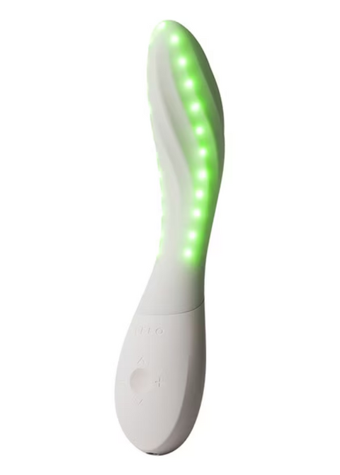 A white curved handheld device with a row of glowing green LED lights along the upper section, shown on a plain white background.