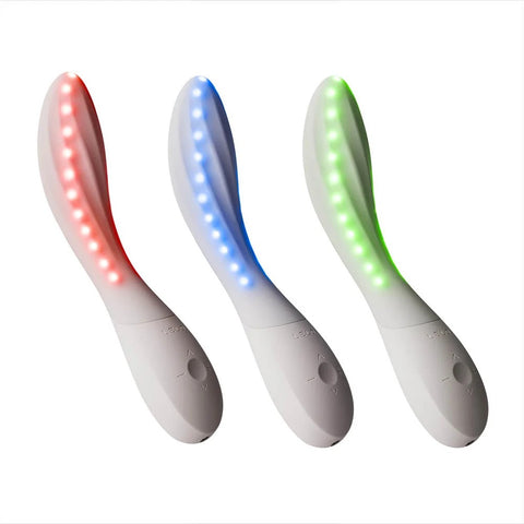 Three handheld LED light massagers in white, shown side by side with red, blue, and green illuminated light strips on a plain white background.