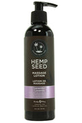 Hemp seed massage lotion bottle with label on a white background