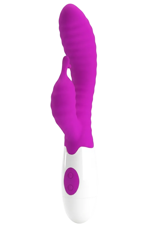 A purple and white dual-stimulation personal massager with a textured purple sleeve and a white handle featuring a purple power button, shown on a plain white background.